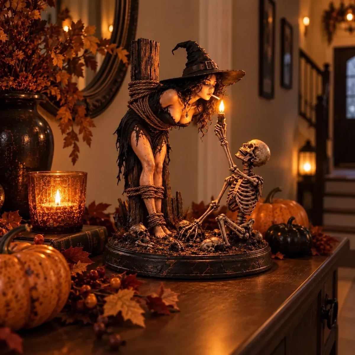 🧙 🔥Witch & Skeleton Candle Scene Figurine – Dark Gothic Halloween Tabletop Decor(✨Buy 2 Free Shipping)