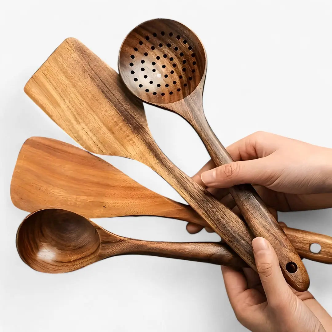 Wooden Kitchenware Set – This 11-piece kitchenware set protects your cookware and makes cooking easy.