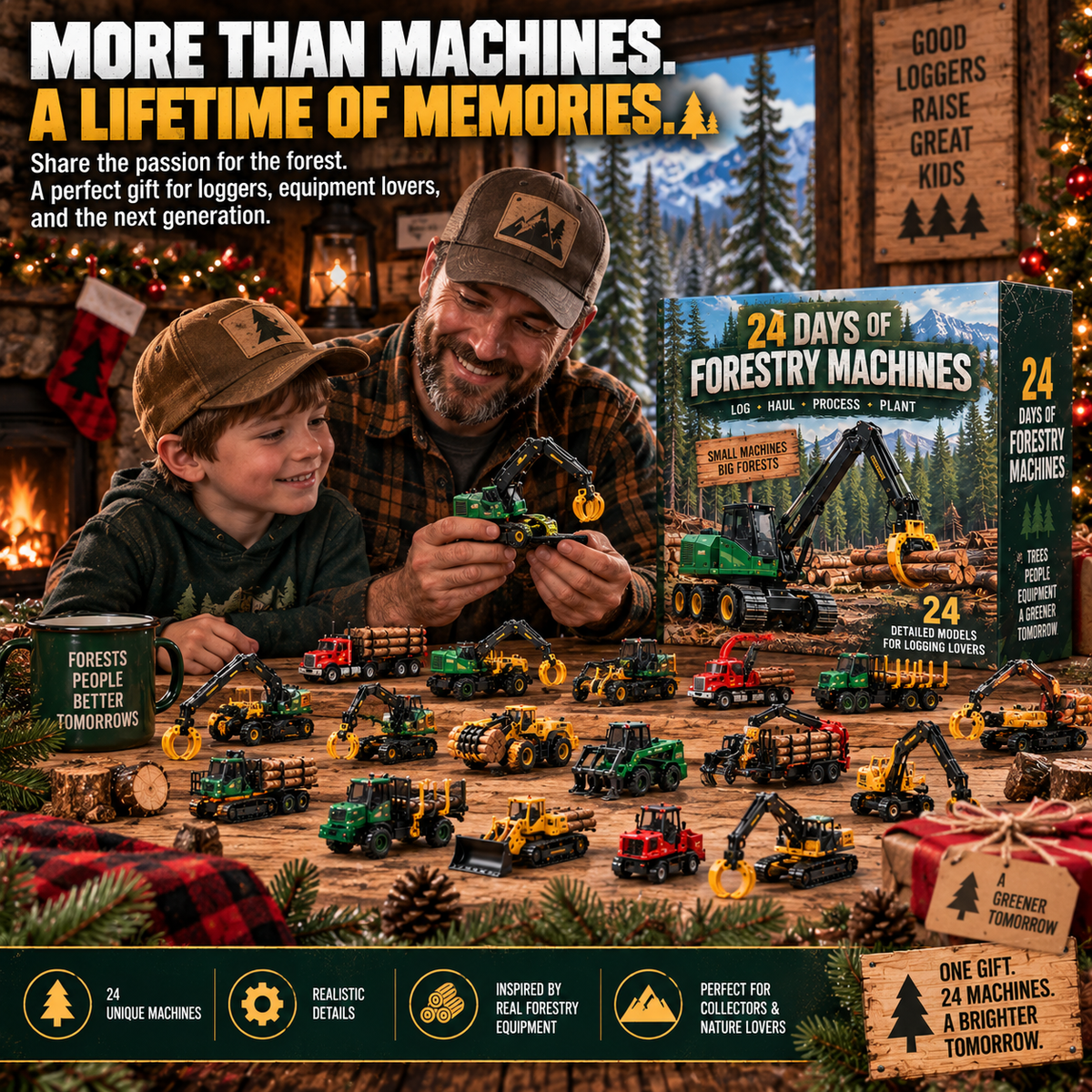 🌲 24 Days of Forestry Machines Advent Calendar – 24 Realistic Logging Equipment Collectibles, Christmas Gift for Loggers & Machinery Lovers