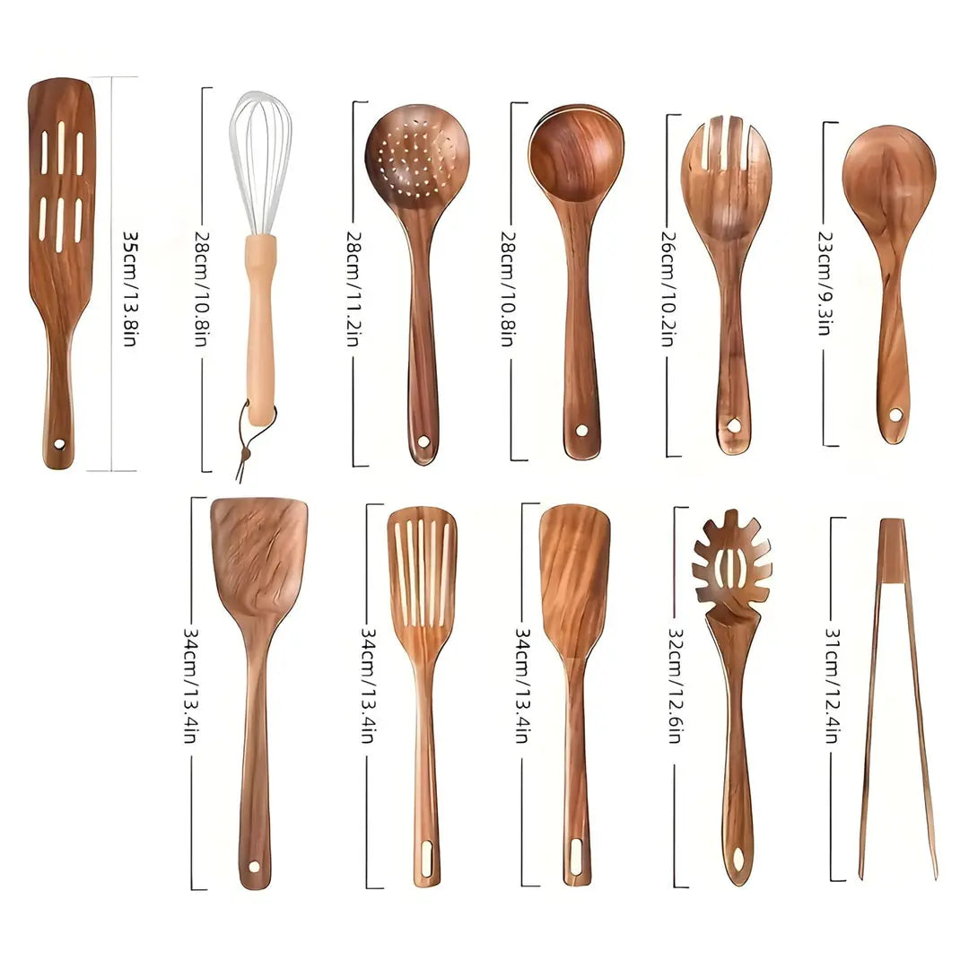 Wooden Kitchenware Set – This 11-piece kitchenware set protects your cookware and makes cooking easy.
