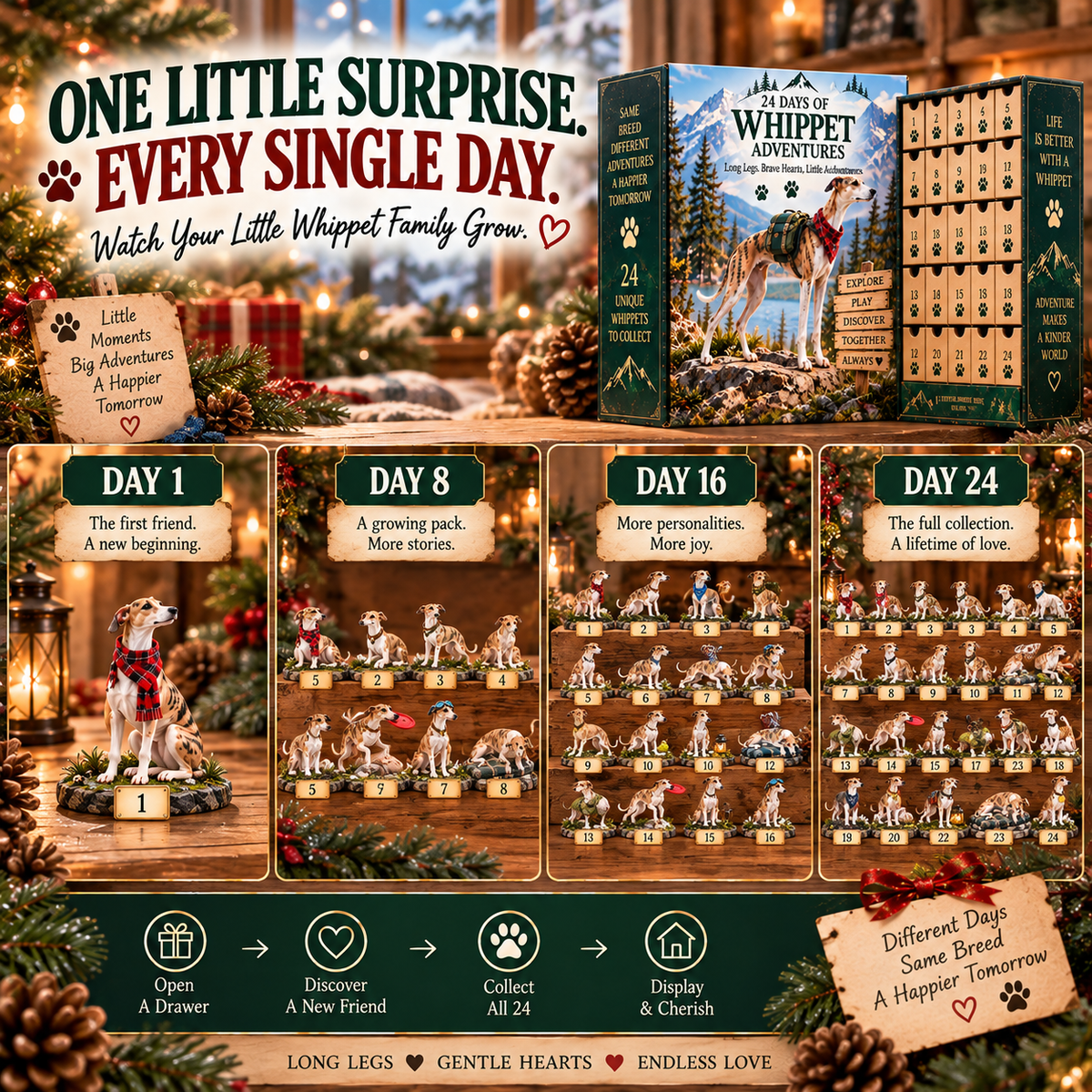 🐾 24 Days of Whippet Adventures – Christmas Advent Calendar | 24 Unique Dog Collectible Figurines