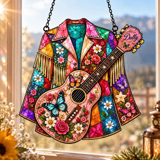 Dolly Parton Coat of Many Colors Suncatcher, Country Music Guitar Window Hanging, Butterfly Floral Stained Glass Decor, Country Fan Gift