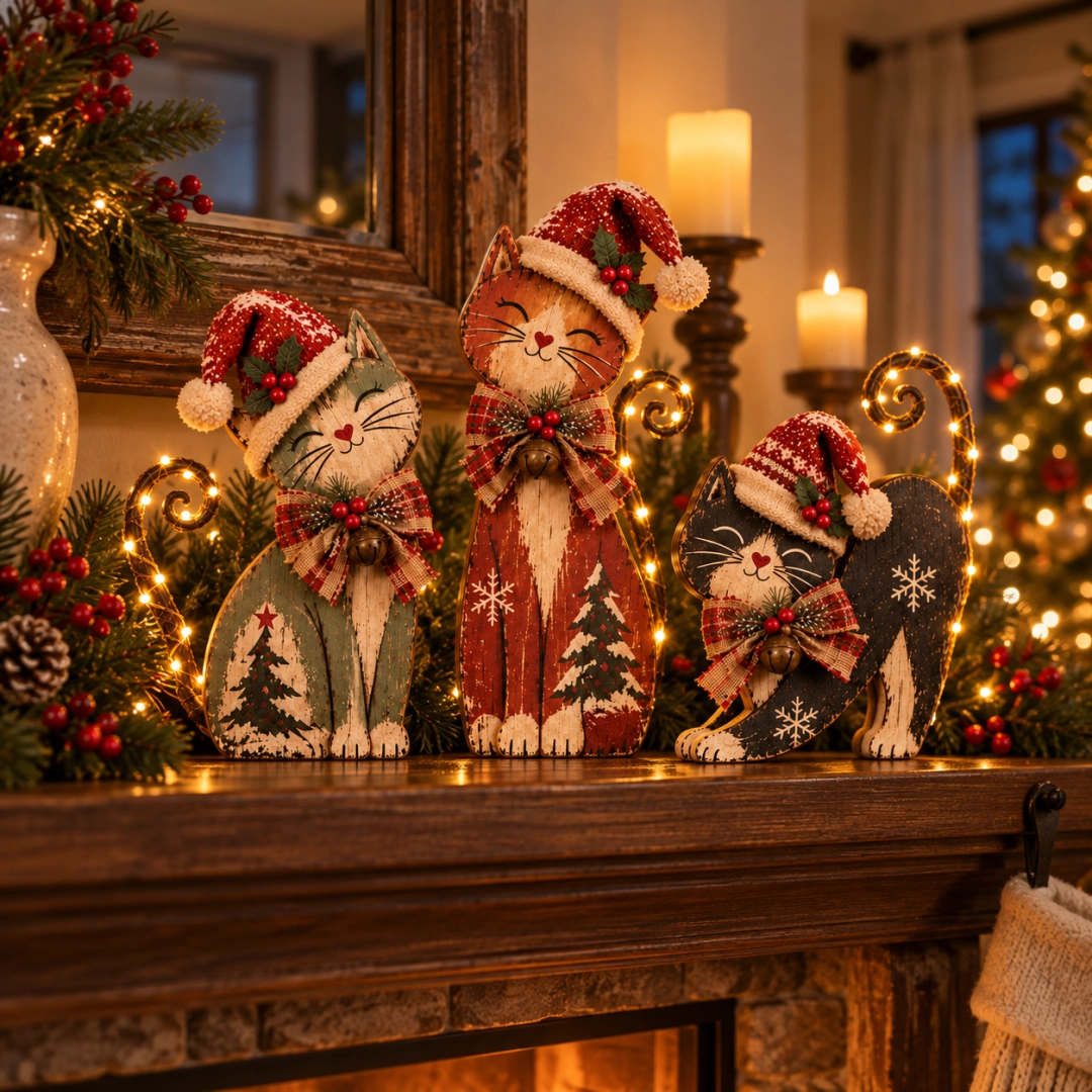 🐱🎄 Vintage Lighted Christmas Cat Trio | Remote Tail Lights