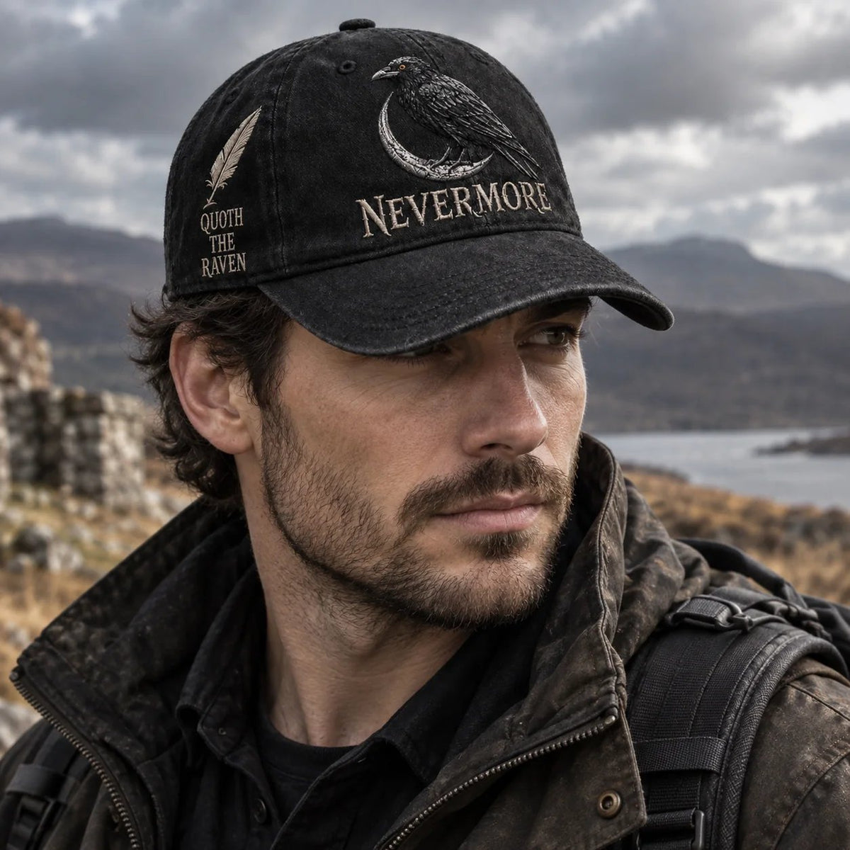 🐦 NEVERMORE Raven Gothic Cap – Premium Embroidered Literary Cap | Full Embroidery • Adjustable Fit • Vintage Black Style 🌙