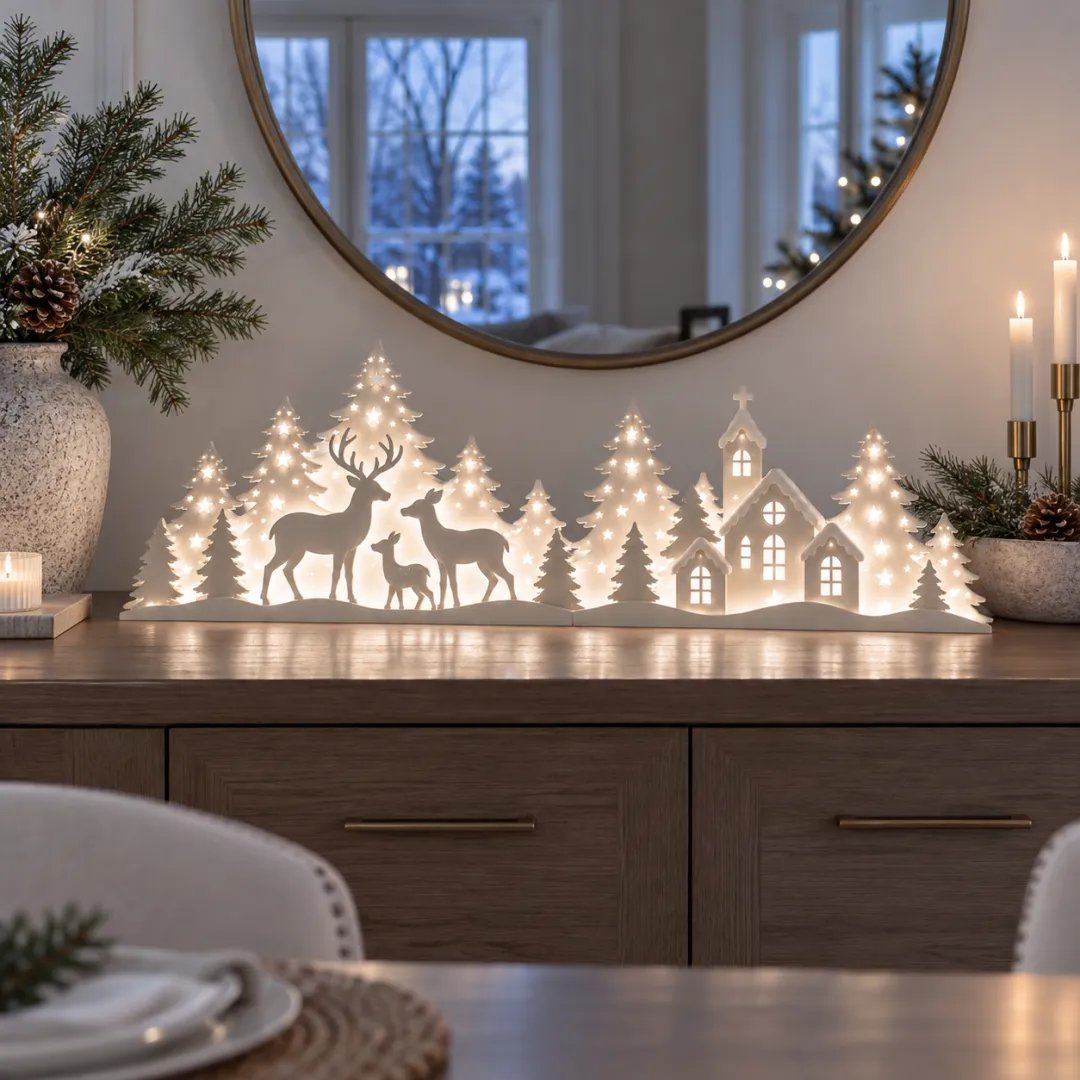 🦌 LED Christmas Deer & Village Window Decor | 2-Piece Lighted Scene