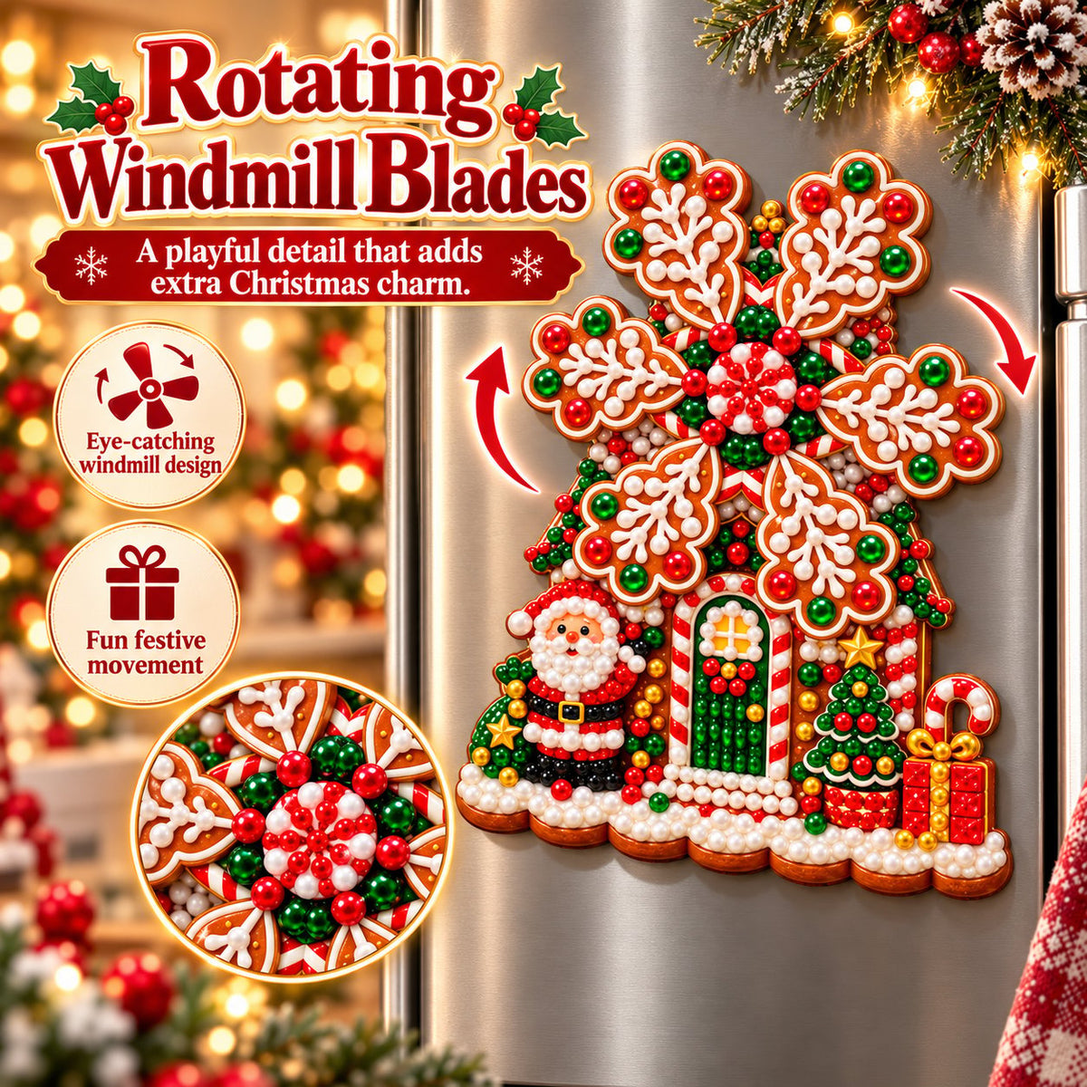 🎄 Wooden Christmas windmill decoration with rotating sails – 4 festive designs