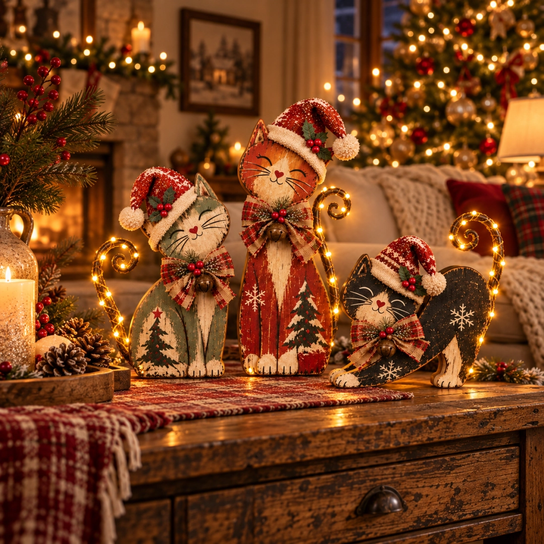 🐱🎄 Vintage Lighted Christmas Cat Trio | Remote Tail Lights