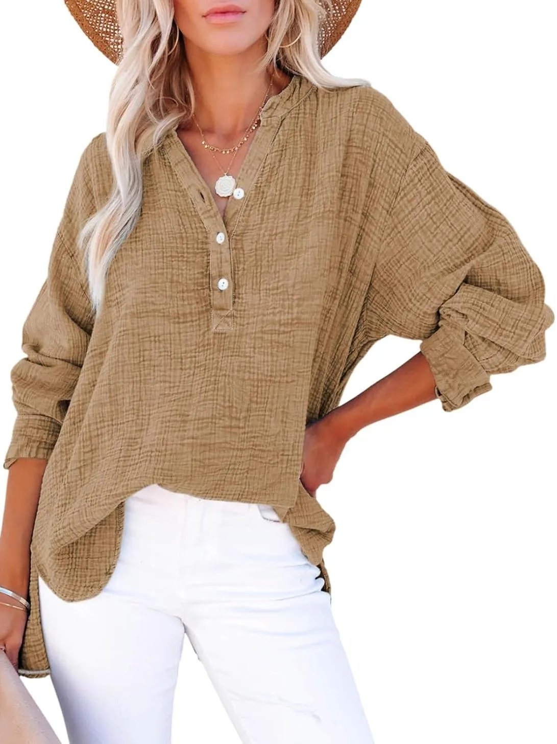 Womens Casual Button V Neck Long Sleeve Shirts Oversized Solid Blouses Tops