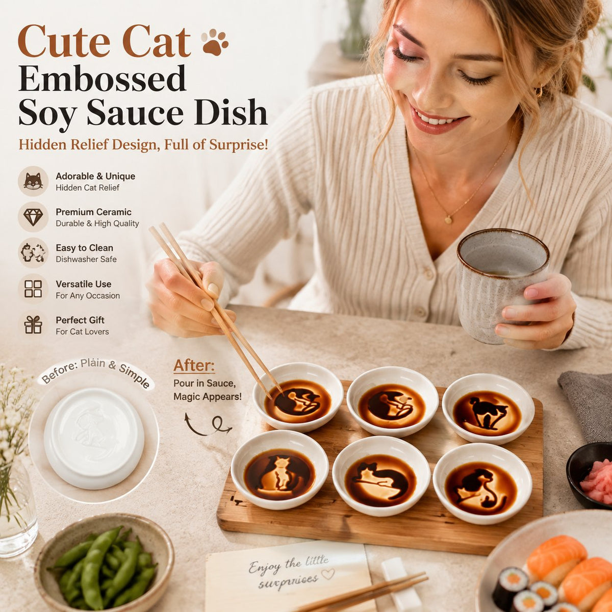 Cute Cat Embossed Soy Sauce Dish