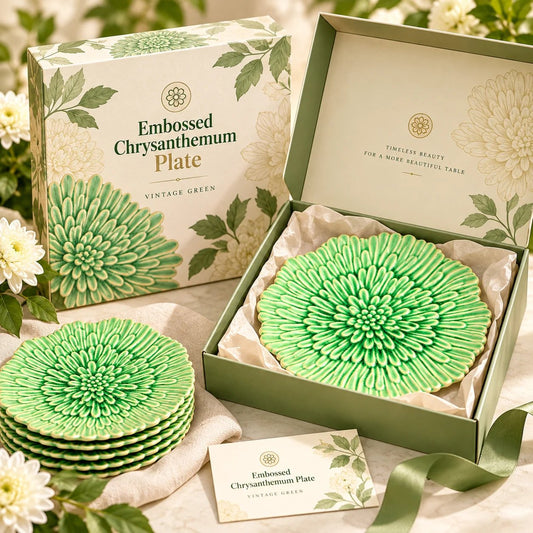 Vintage Green Embossed Chrysanthemum Dinner Plate, Majolica Style Ceramic, 11 Inch