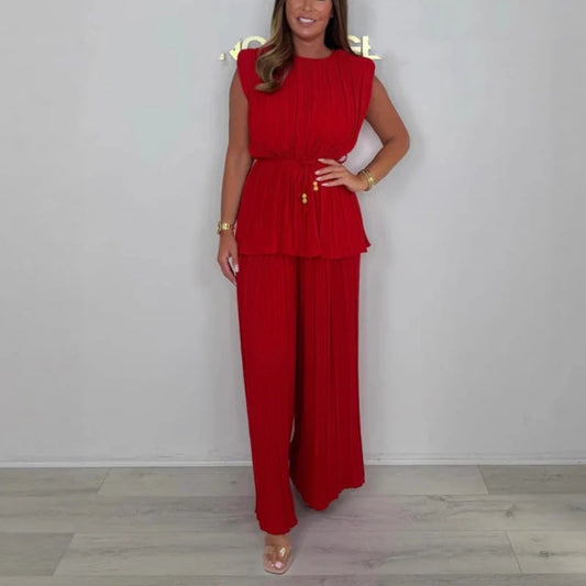 ⏰Women's Sleeveless Belted Top & Long Pants Set