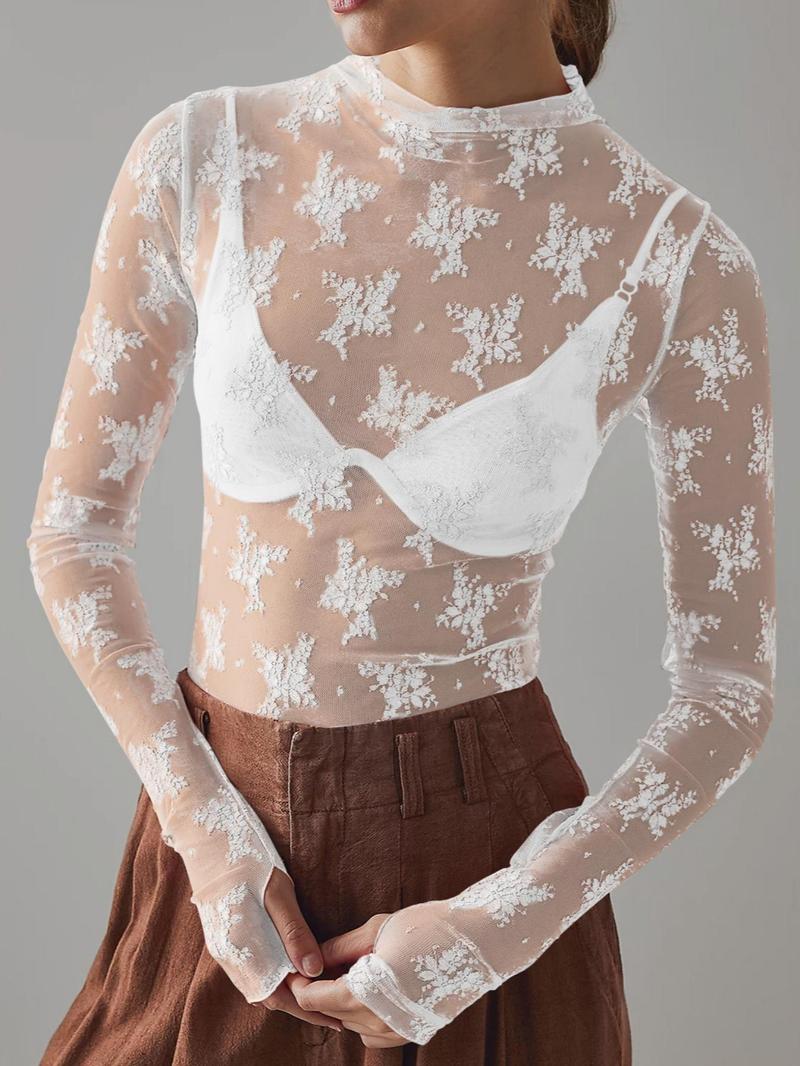 Women's Floral Lace Thumb Hole Sheer Tee - Buy 1 Get 1 Free！！！