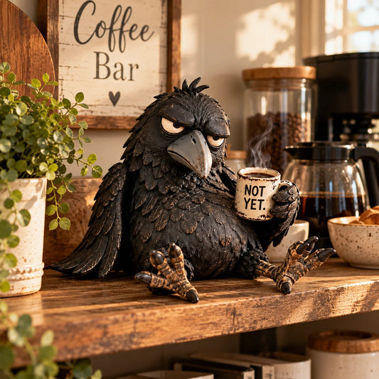 ☕ Grumpy Coffee Raven Figurine | “Not Yet” Morning Decor