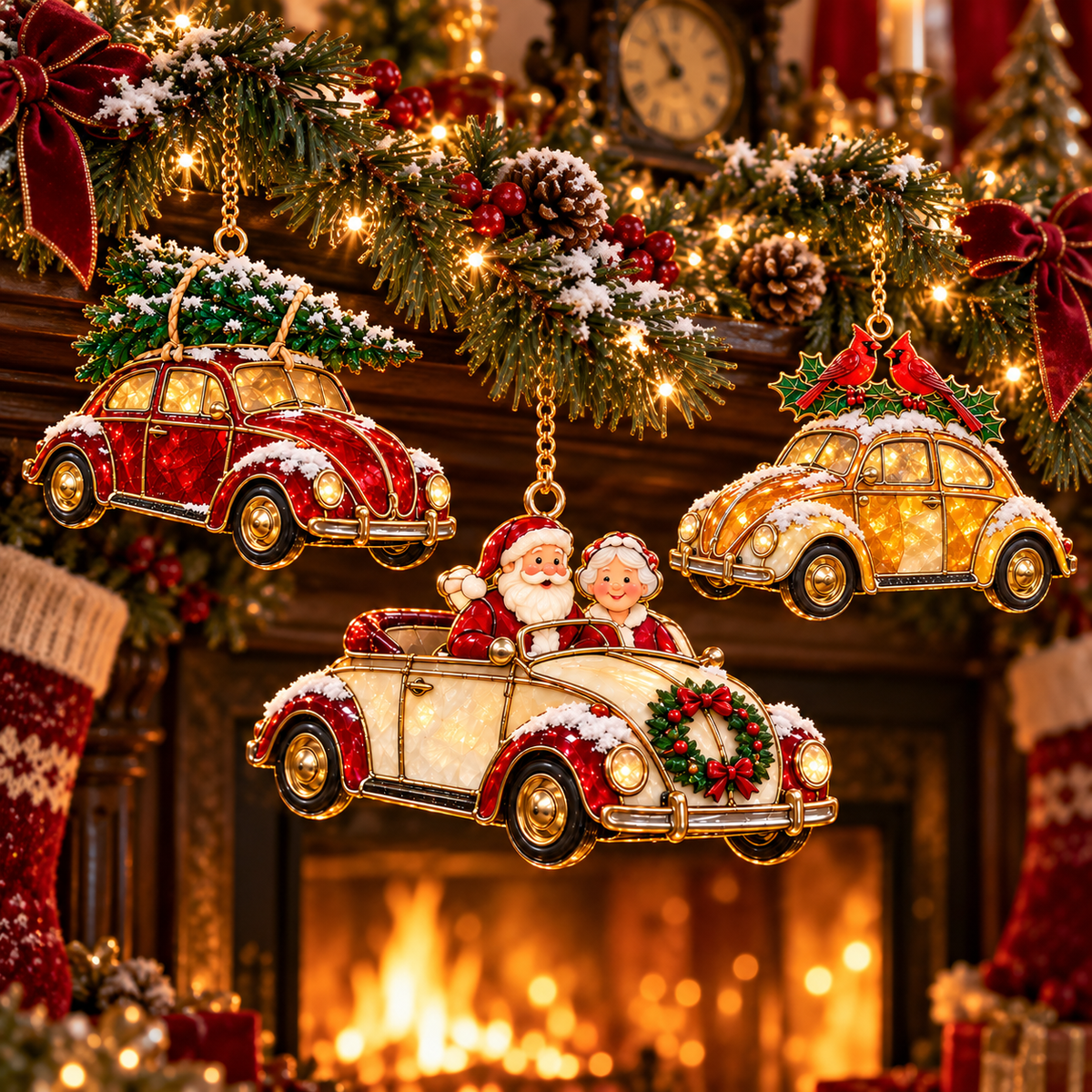Vintage Christmas Rides – 6-Piece Stained-Glass Style Car Ornament Set