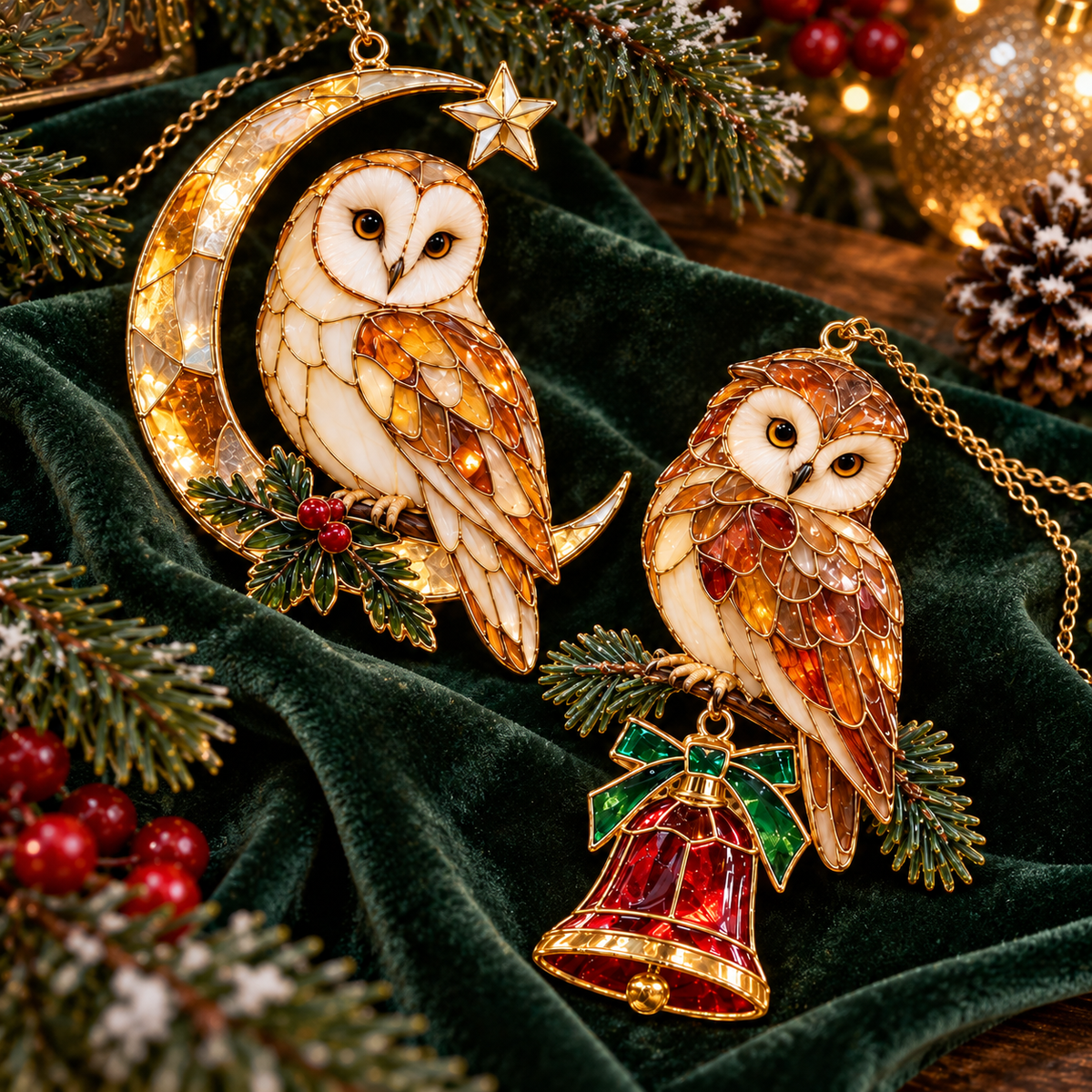 Woodland Christmas Owls – Vintage Stained Glass Style Christmas Ornaments, Set of 6