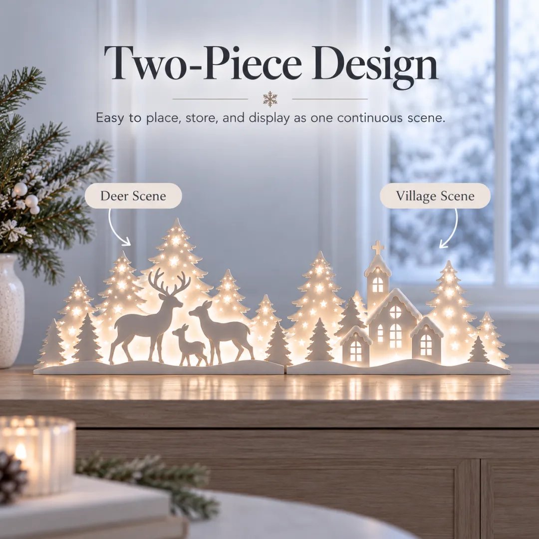 🦌 LED Christmas Deer & Village Window Decor | 2-Piece Lighted Scene