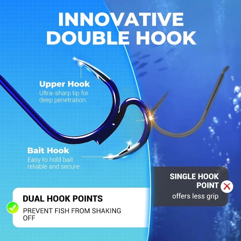🎣  Classic and sharp double fishing hooks — High carbon steel with needle tip