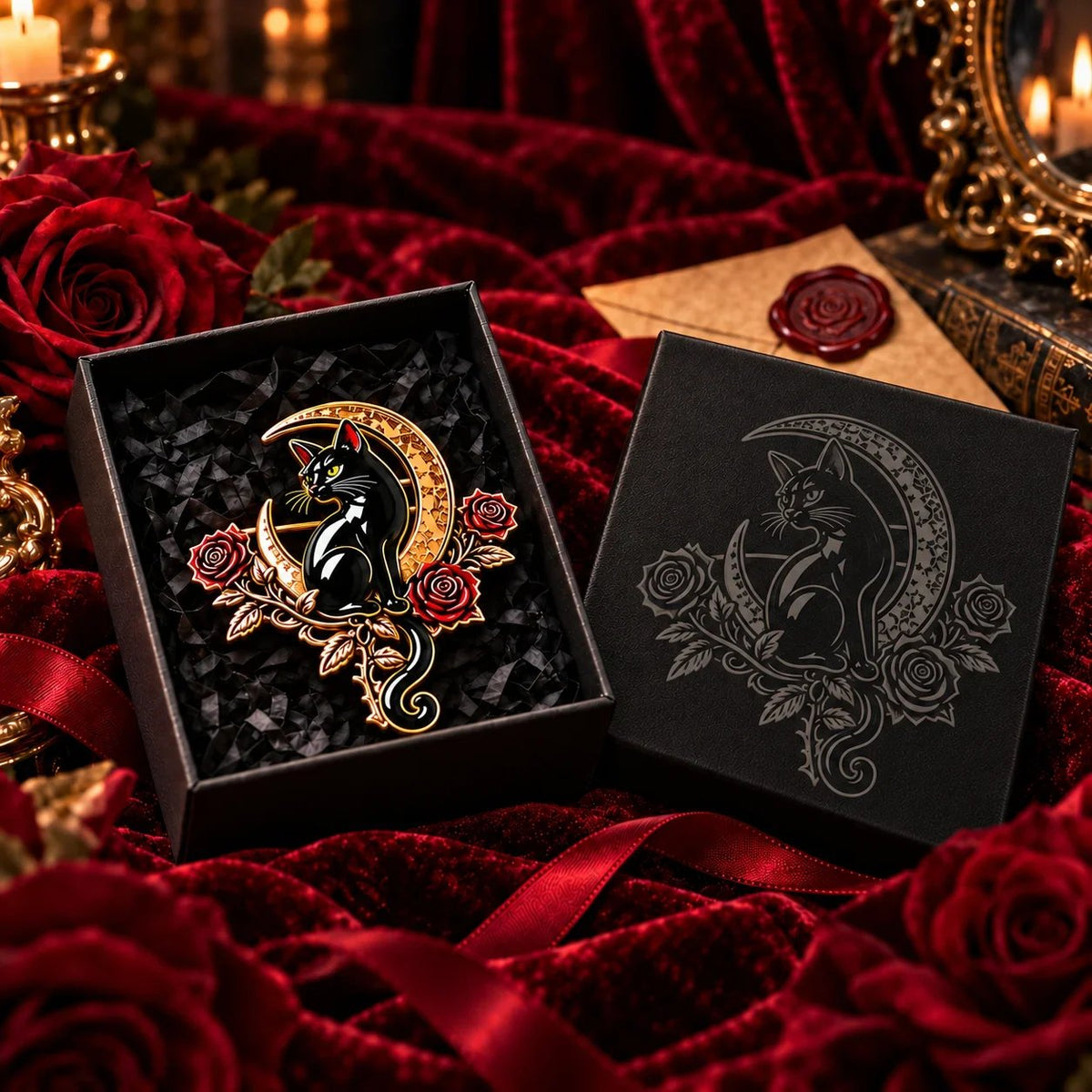 🐈‍⬛🌙 Black Cat Crescent Moon Brooch – Gothic Rose Statement Pin