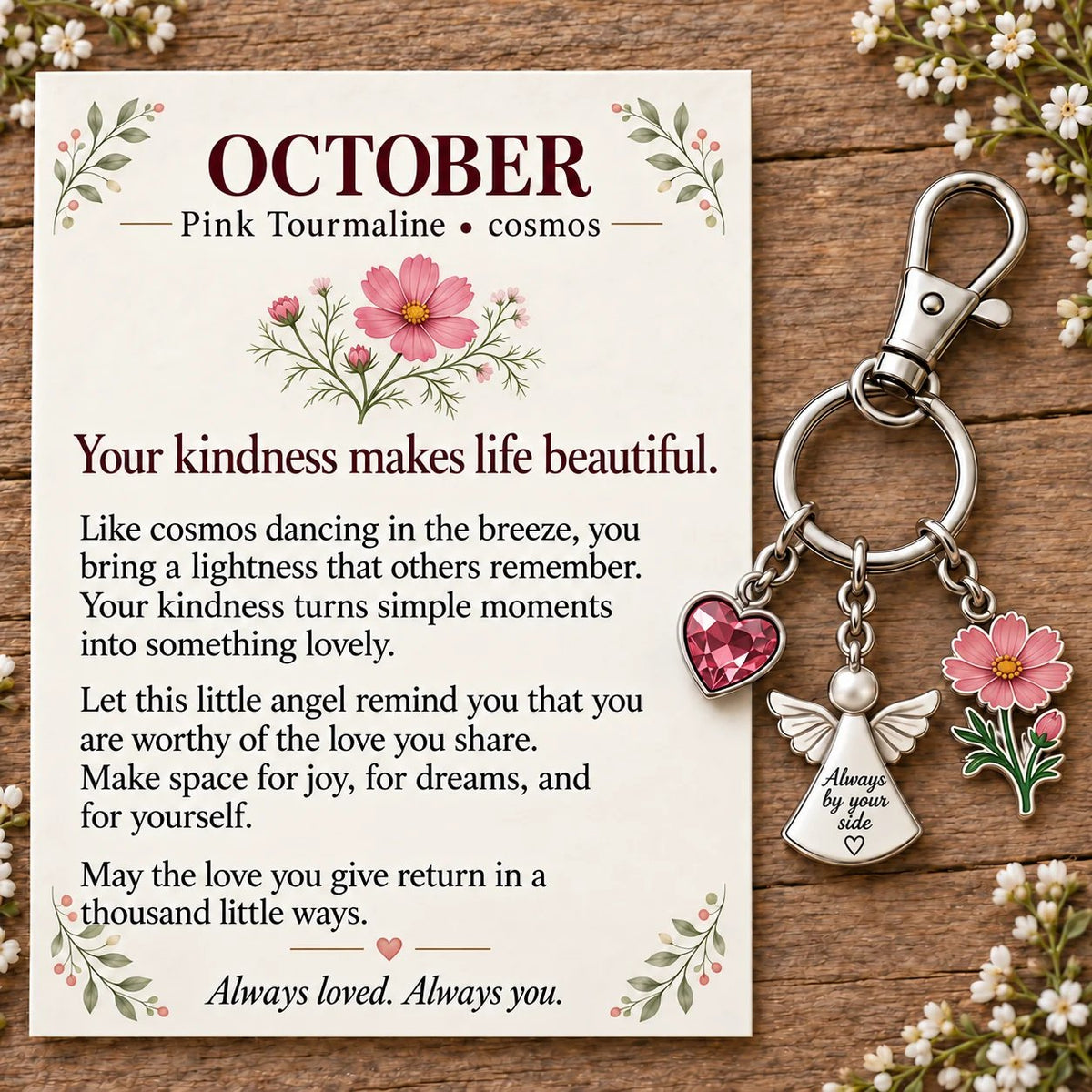 🔥LAST DAY 50% OFF - 👼 Always By Your Side: Birth Month Angel & Flower Keychain + Keepsake Card 🌸