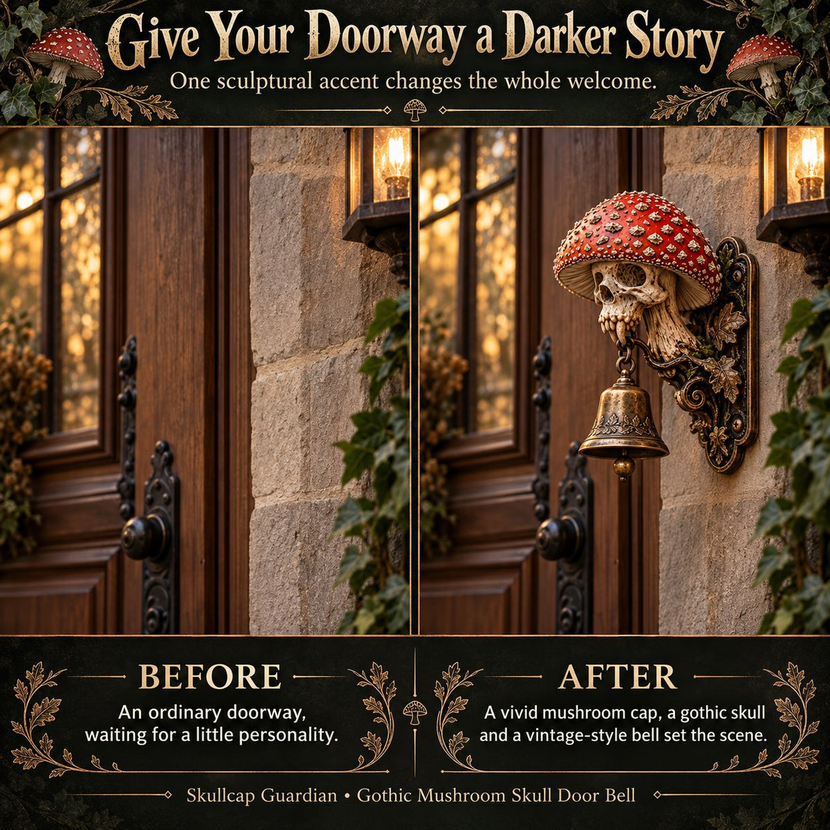 ⏳ Last Day 49% OFF – 🍄 Skullcap Guardian Mushroom Skull Door Bell | Gothic Woodland Décor with Hanging Bell 💀🔔