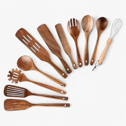 Wooden Kitchenware Set – This 11-piece kitchenware set protects your cookware and makes cooking easy.