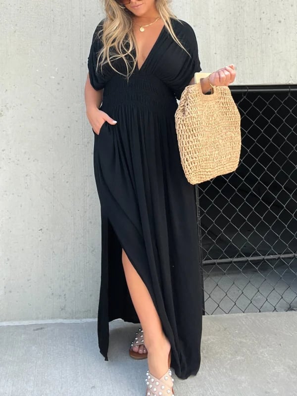 Slit V-Neck Effortless Maxi Long Dress main image 1