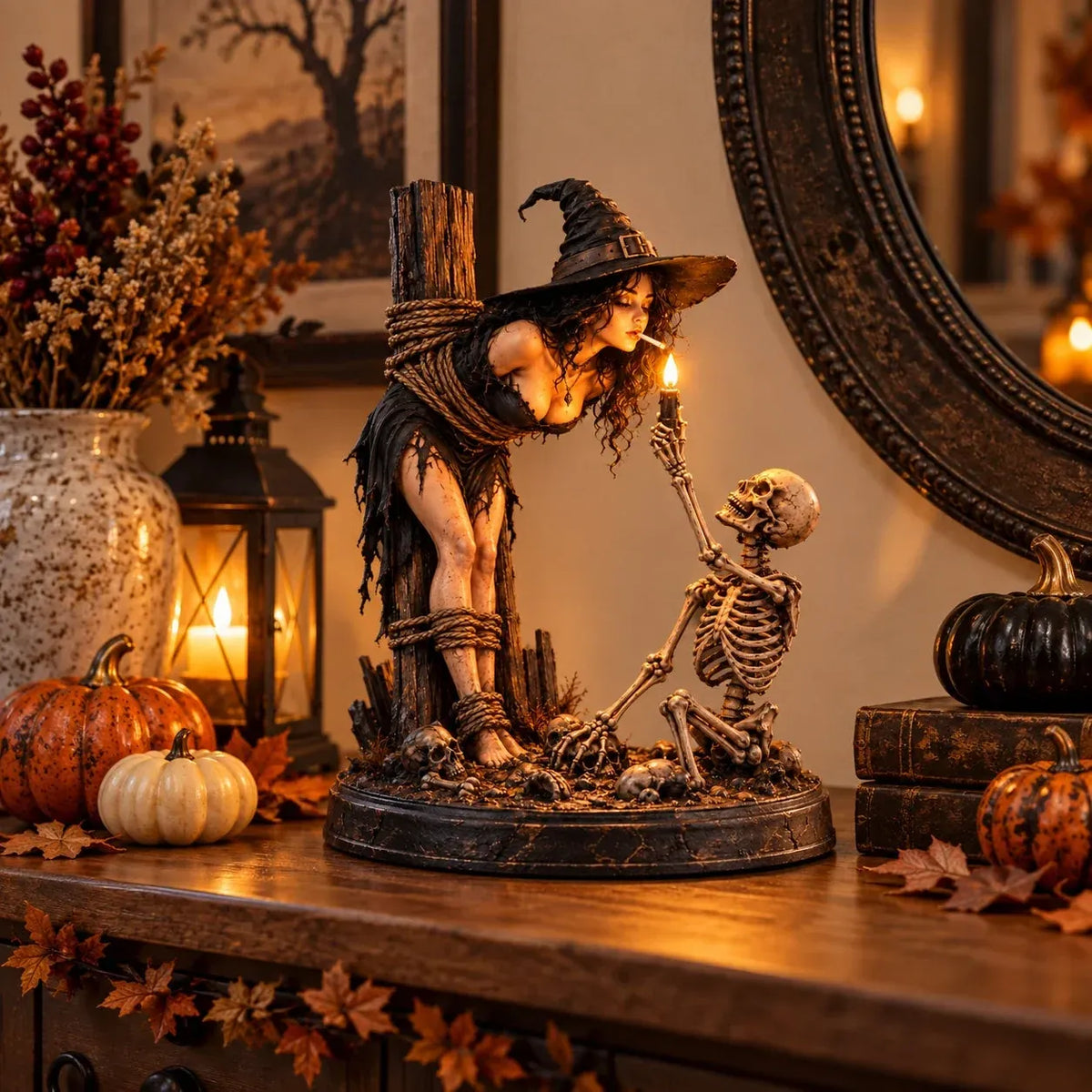 🧙 🔥Witch & Skeleton Candle Scene Figurine – Dark Gothic Halloween Tabletop Decor(✨Buy 2 Free Shipping)
