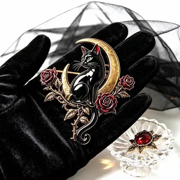 🐈‍⬛🌙 Black Cat Crescent Moon Brooch – Gothic Rose Statement Pin