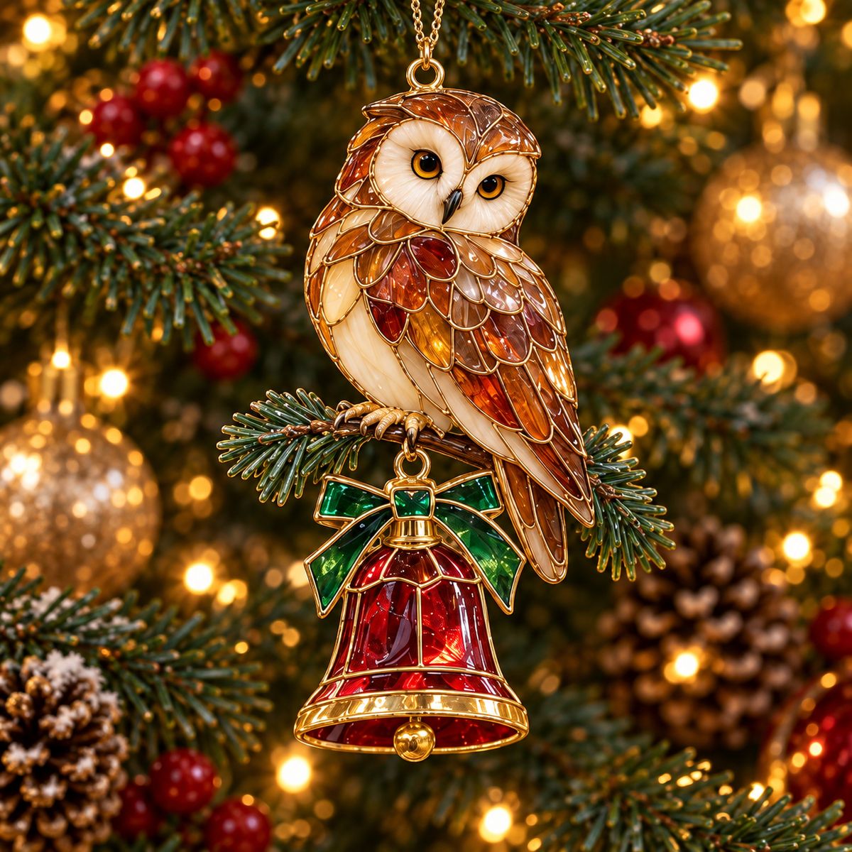 Woodland Christmas Owls – Vintage Stained Glass Style Christmas Ornaments, Set of 6