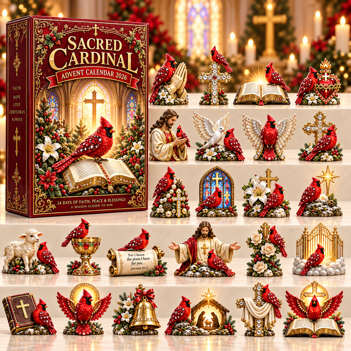 Sacred Cardinal Advent Calendar 2026 – 24 Christian Keepsake Figurines of Faith, Hope & Christmas Blessings