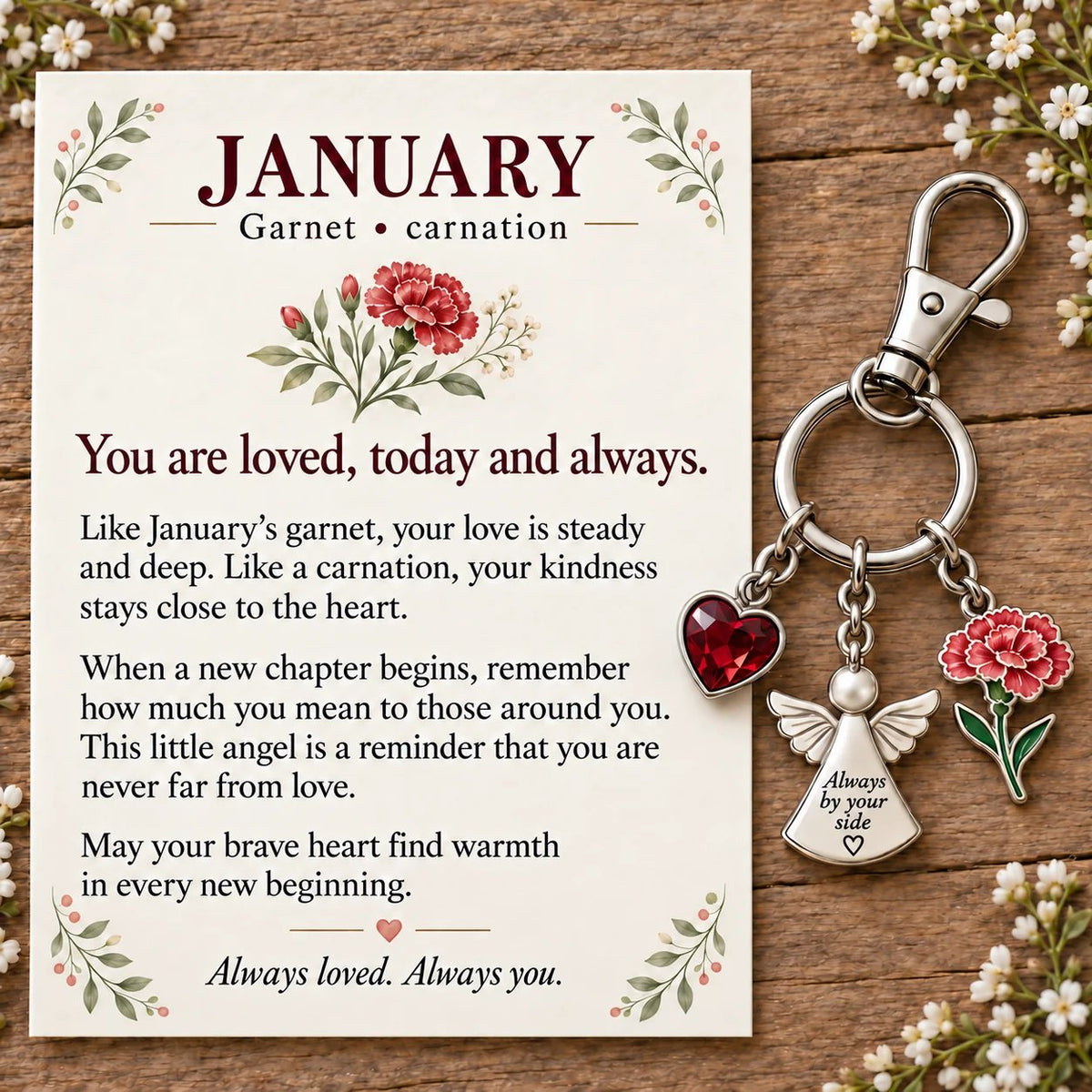 🔥LAST DAY 50% OFF - 👼 Always By Your Side: Birth Month Angel & Flower Keychain + Keepsake Card 🌸