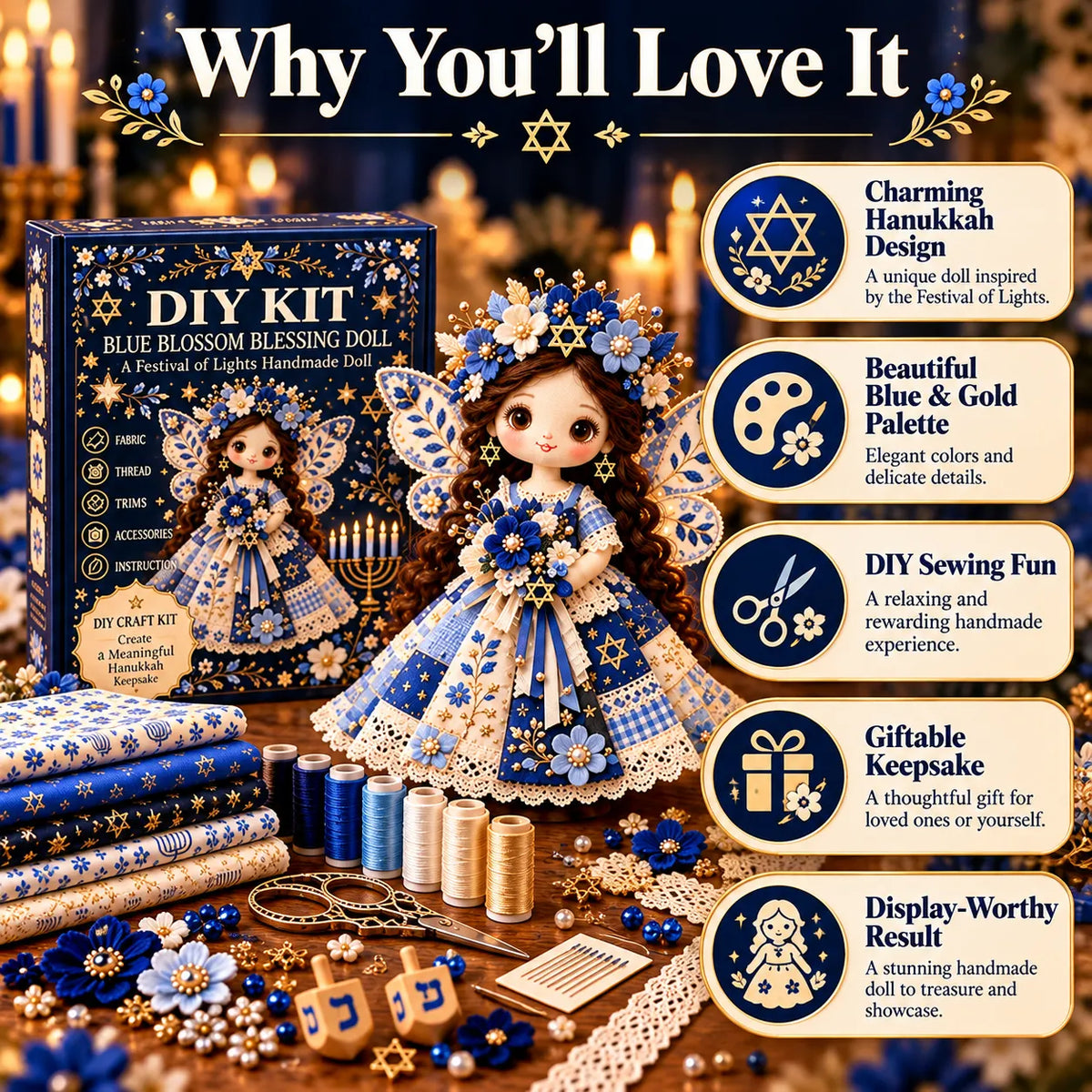 🕎🧵 Hanukkah DIY Patchwork Doll Kit | 3 Festival of Lights Designs
