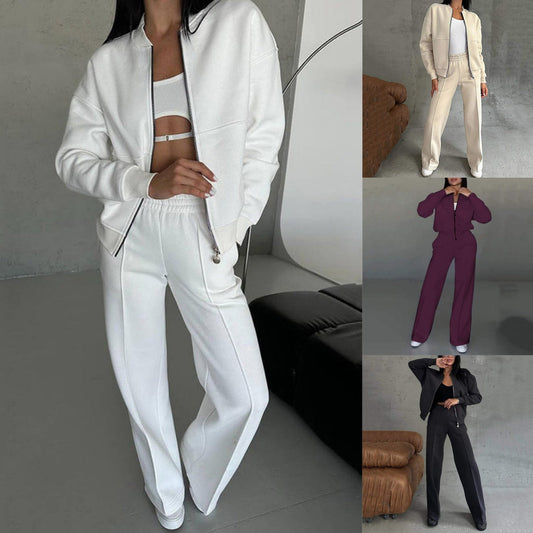 💖Women's Two-Piece Relaxed Fit Set - Zippered Jacket and Wide-Leg Pants