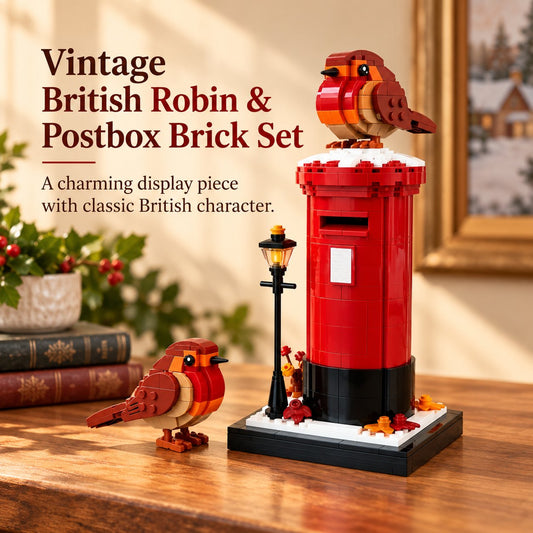 Vintage British Robin & Postbox Brick Display Set – Classic Red Mailbox Model with Robin Figures & Decorative Base