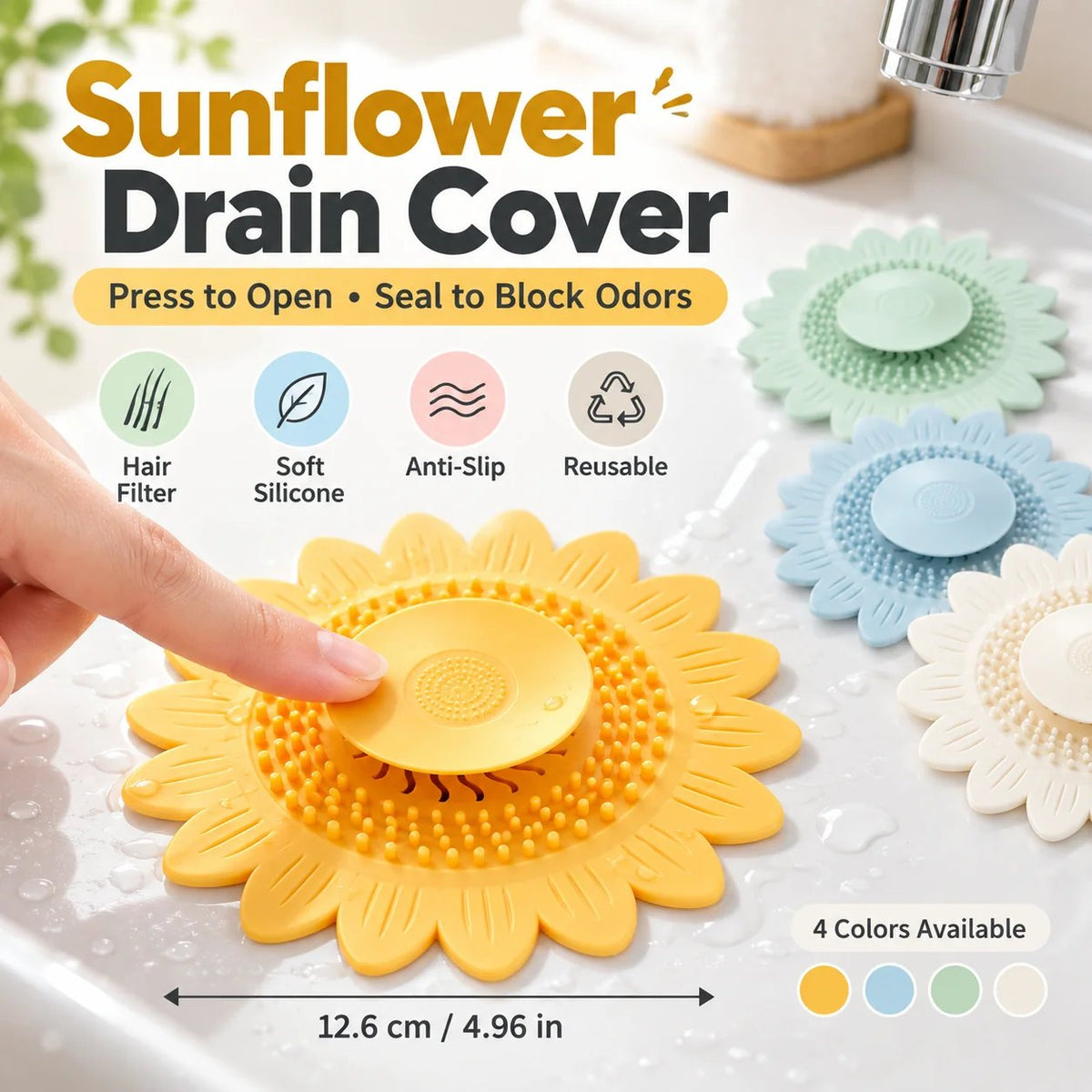 🌻Sunflower Silicone Drain Cover – Hair Catcher, Odor Blocker & One-Press Drain