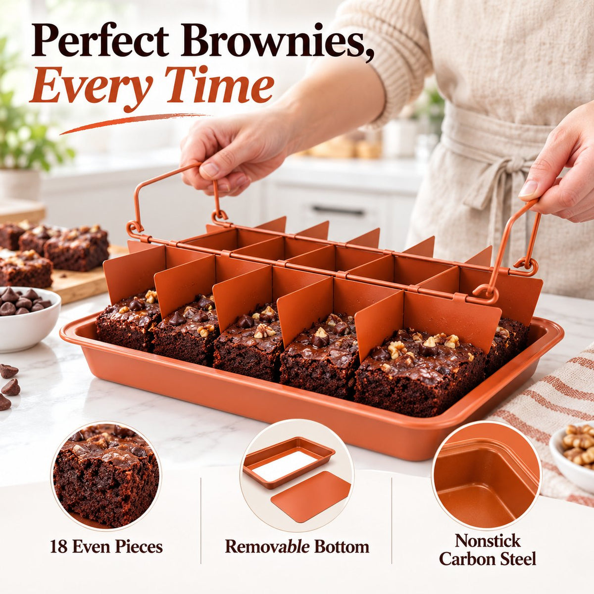 18-Cavity Nonstick Carbon Steel Brownie Pan with Removable Divider & Bottom
