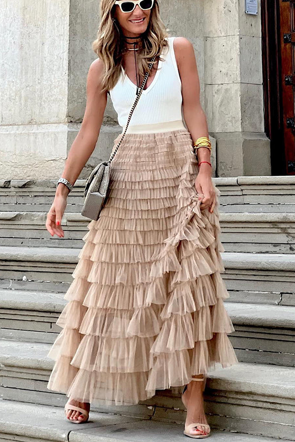 Be Your Own City Queen Tiered Elastic Waist Tulle Maxi Skirt