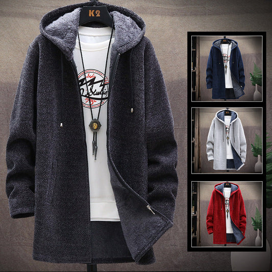 2023 Men Casual Sweaters Jacket Slim Long Thick Warm Hooded Sweater Coat