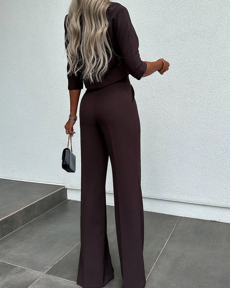 Solid Color Jacket & High Waist Straight Pants Set