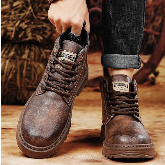 Men's Vintage PU Leather Lace-Up Boots